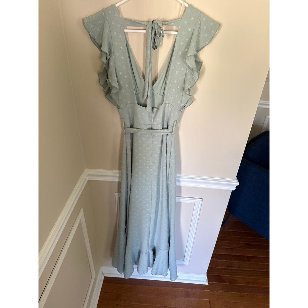 Altar’d State | Sage Green Polka Dot Textured V-Neck Maxi Dress Ruffle Shoulders - Picture 7 of 11